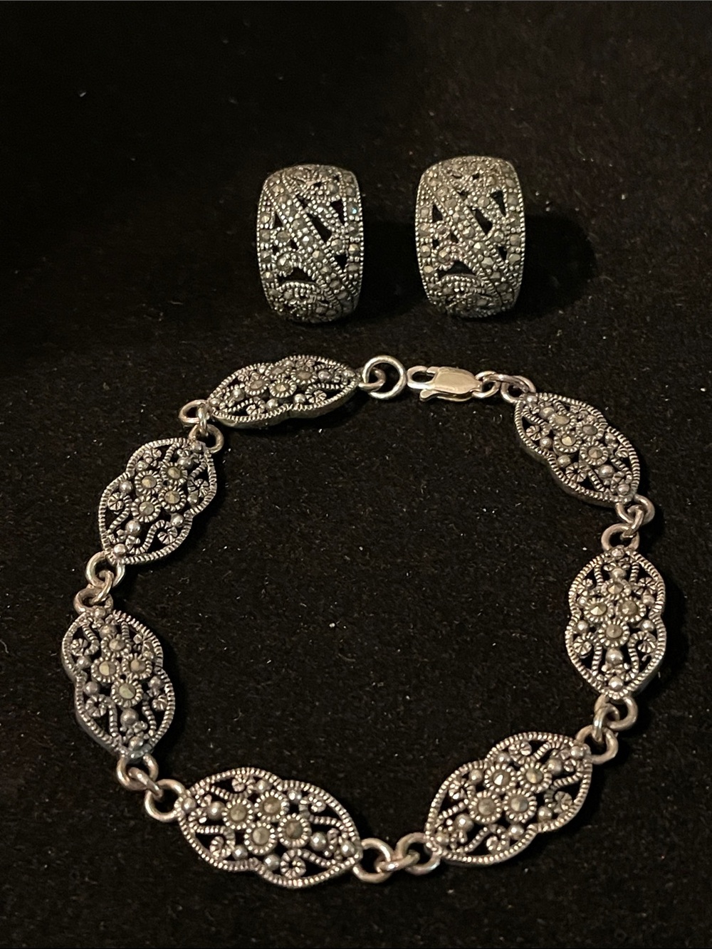 Sterling Silver- Marcasite Bracelet and Earrings Set - Vintage-Inspired